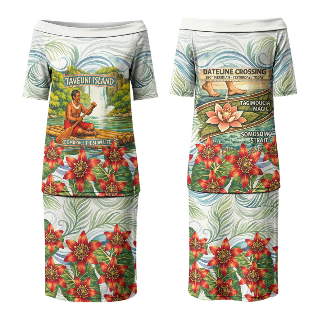 Fiji Taveuni Island Dateline Crossing Couples Matching Puletasi and Long Sleeve Button Shirt Tropical Cultural Landscape With Tagimoucia Floral Pattern TS04 - Polynesian Pride