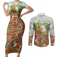 Fiji Taveuni Island Dateline Crossing Couples Matching Short Sleeve Bodycon Dress and Long Sleeve Button Shirt Tropical Cultural Landscape With Tagimoucia Floral Pattern TS04 White Green - Polynesian Pride