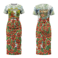Fiji Taveuni Island Dateline Crossing Couples Matching Short Sleeve Bodycon Dress and Long Sleeve Button Shirt Tropical Cultural Landscape With Tagimoucia Floral Pattern TS04 - Polynesian Pride