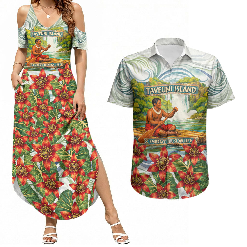 Fiji Taveuni Island Dateline Crossing Couples Matching Summer Maxi Dress and Hawaiian Shirt Tropical Cultural Landscape With Tagimoucia Floral Pattern TS04 White Green - Polynesian Pride