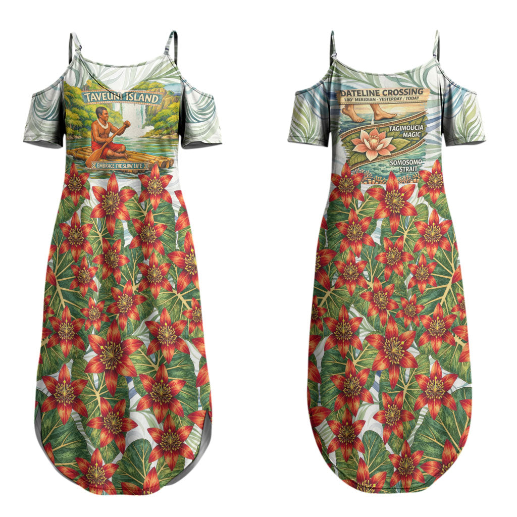 Fiji Taveuni Island Dateline Crossing Couples Matching Summer Maxi Dress and Hawaiian Shirt Tropical Cultural Landscape With Tagimoucia Floral Pattern TS04 - Polynesian Pride