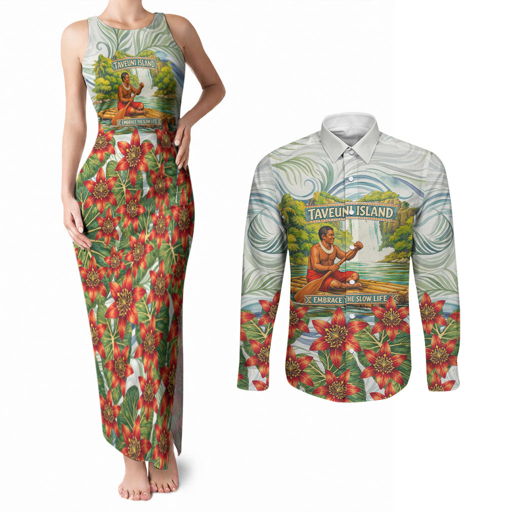 Fiji Taveuni Island Dateline Crossing Couples Matching Tank Maxi Dress and Long Sleeve Button Shirt Tropical Cultural Landscape With Tagimoucia Floral Pattern TS04 White Green - Polynesian Pride