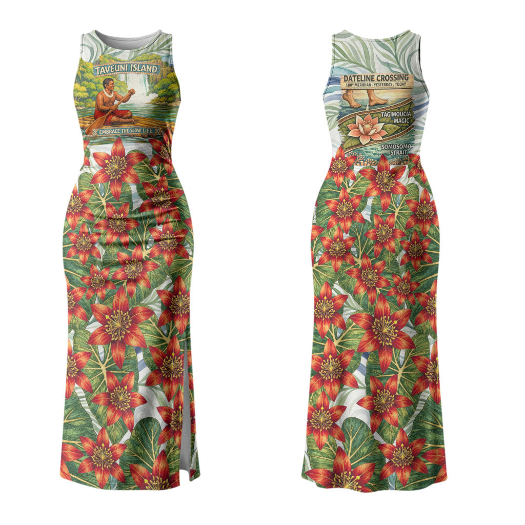 Fiji Taveuni Island Dateline Crossing Couples Matching Tank Maxi Dress and Long Sleeve Button Shirt Tropical Cultural Landscape With Tagimoucia Floral Pattern TS04 - Polynesian Pride