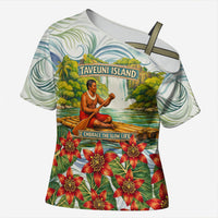 Fiji Taveuni Island Dateline Crossing Cross Shoulder Shirt Tropical Cultural Landscape With Tagimoucia Floral Pattern TS04 Female White Green - Polynesian Pride