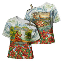 Fiji Taveuni Island Dateline Crossing Cross Shoulder Shirt Tropical Cultural Landscape With Tagimoucia Floral Pattern TS04 - Polynesian Pride