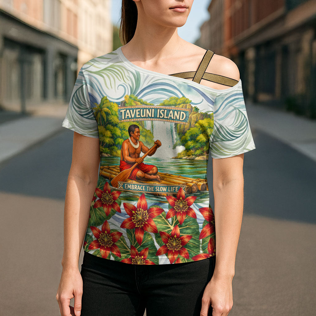 Fiji Taveuni Island Dateline Crossing Cross Shoulder Shirt Tropical Cultural Landscape With Tagimoucia Floral Pattern TS04 - Polynesian Pride