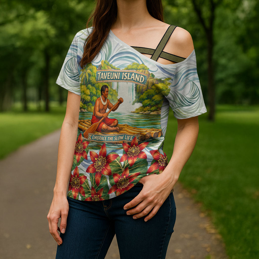 Fiji Taveuni Island Dateline Crossing Cross Shoulder Shirt Tropical Cultural Landscape With Tagimoucia Floral Pattern TS04 - Polynesian Pride