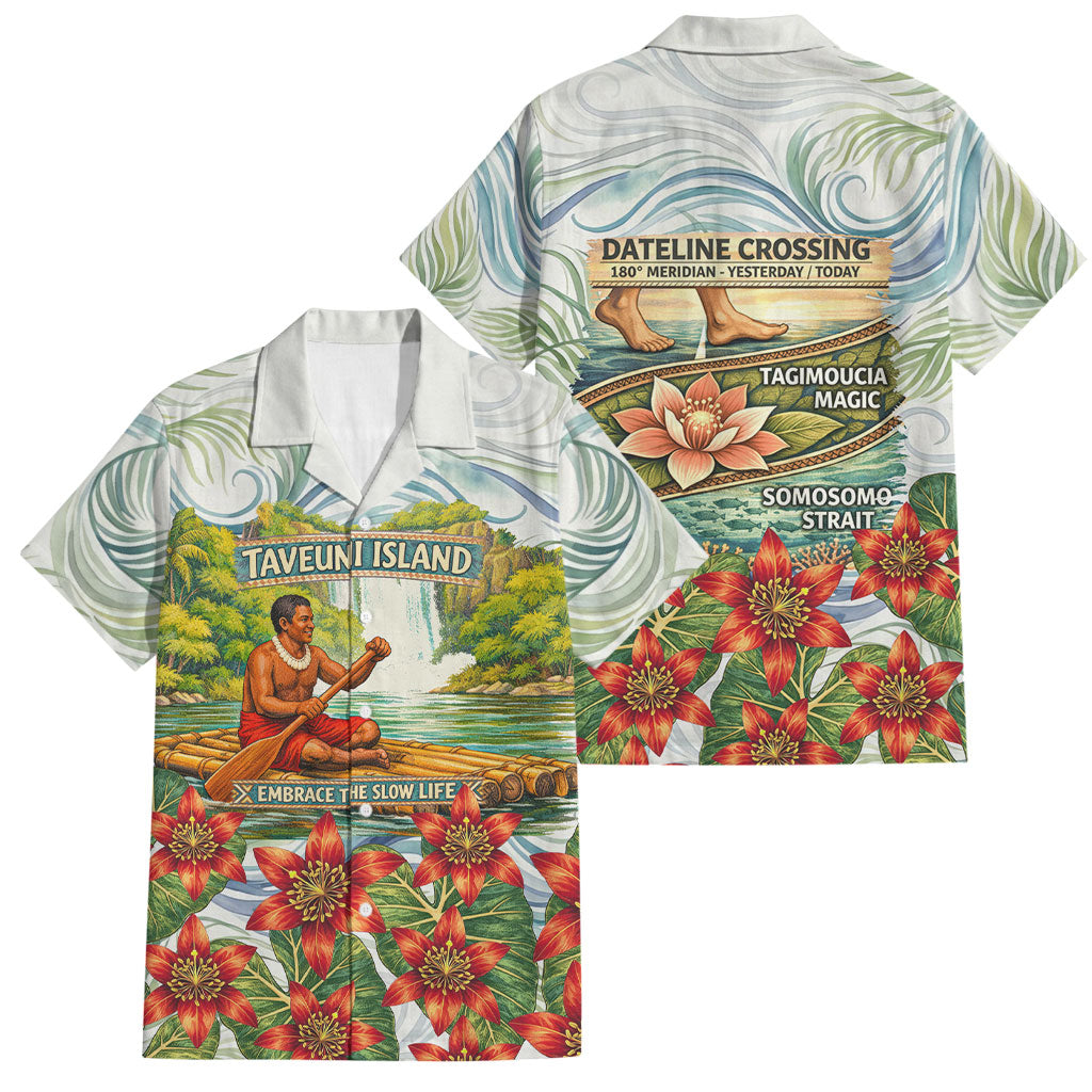 Fiji Taveuni Island Dateline Crossing Family Matching Long Sleeve Bodycon Dress and Hawaiian Shirt Tropical Cultural Landscape With Tagimoucia Floral Pattern TS04 Dad's Shirt - Short Sleeve White Green - Polynesian Pride