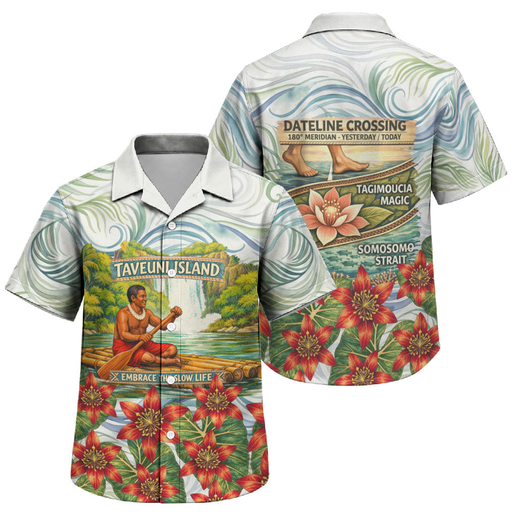Fiji Taveuni Island Dateline Crossing Family Matching Off Shoulder Maxi Dress and Hawaiian Shirt Tropical Cultural Landscape With Tagimoucia Floral Pattern TS04 Son's Shirt White Green - Polynesian Pride