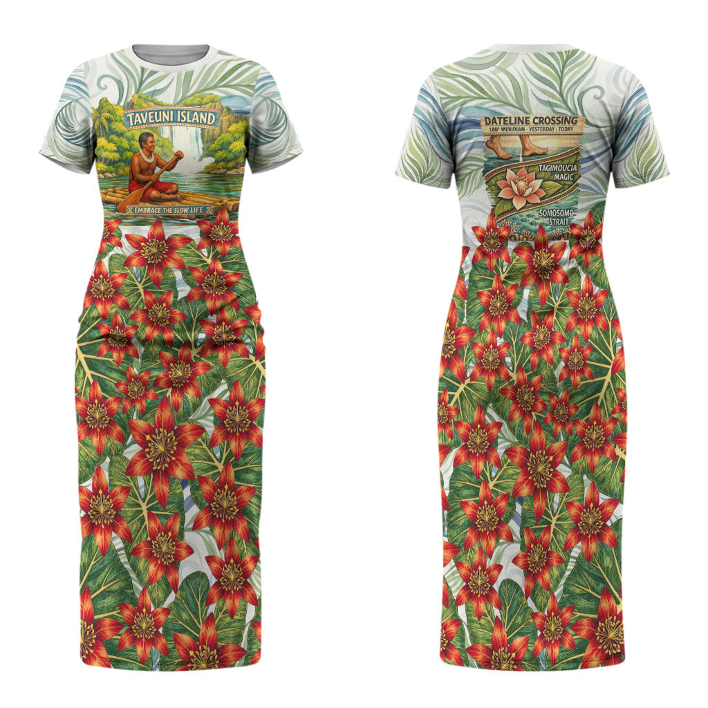 Fiji Taveuni Island Dateline Crossing Family Matching Short Sleeve Bodycon Dress and Hawaiian Shirt Tropical Cultural Landscape With Tagimoucia Floral Pattern TS04 Mom's Dress White Green - Polynesian Pride
