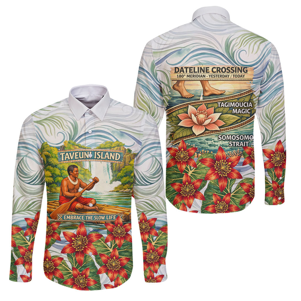 Fiji Taveuni Island Dateline Crossing Family Matching Short Sleeve Bodycon Dress and Hawaiian Shirt Tropical Cultural Landscape With Tagimoucia Floral Pattern TS04 Dad's Shirt - Long Sleeve White Green - Polynesian Pride