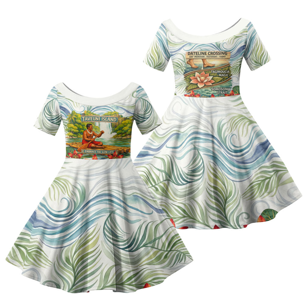 Fiji Taveuni Island Dateline Crossing Family Matching Short Sleeve Bodycon Dress and Hawaiian Shirt Tropical Cultural Landscape With Tagimoucia Floral Pattern TS04 Daughter's Dress White Green - Polynesian Pride