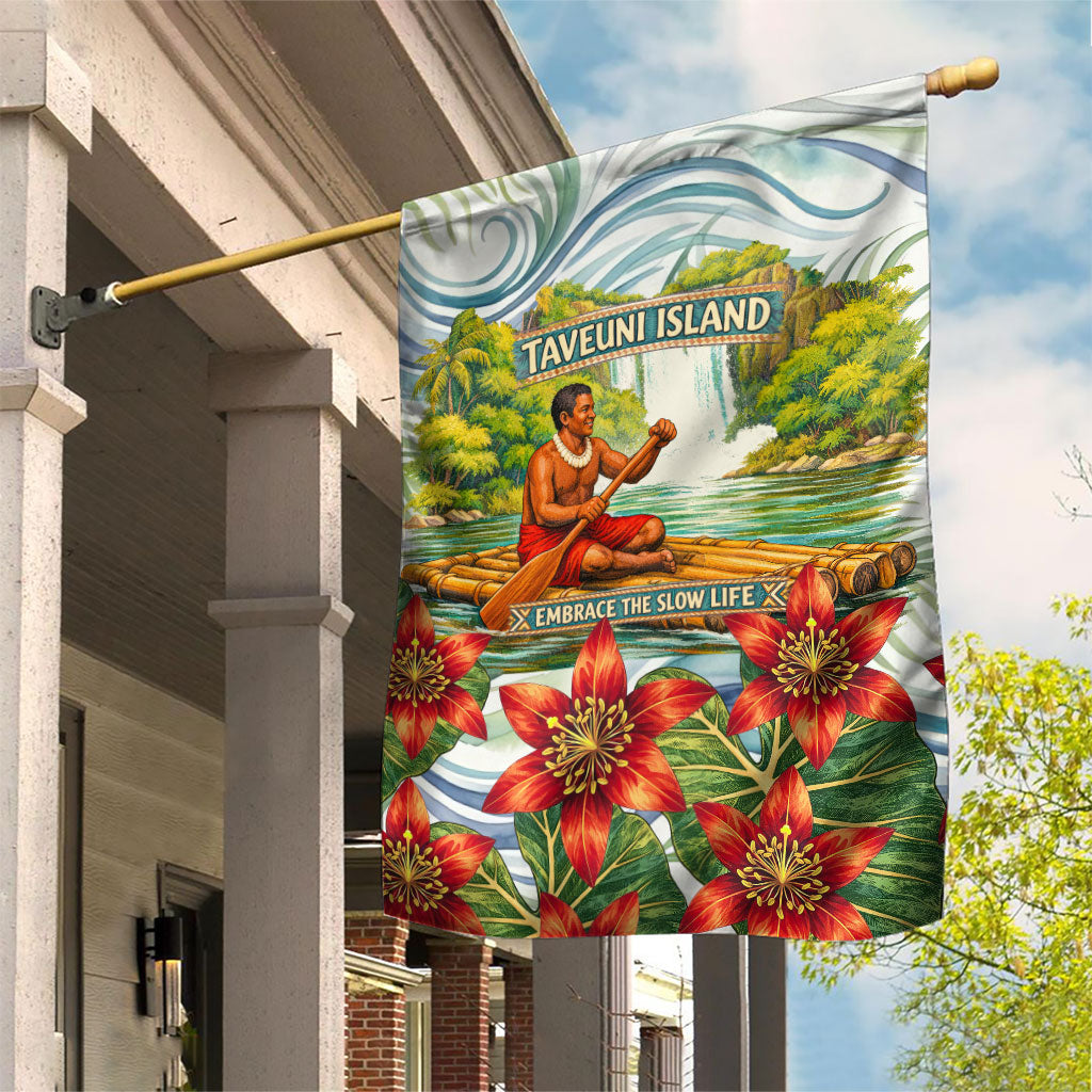 Fiji Taveuni Island Dateline Crossing Garden Flag Tropical Cultural Landscape With Tagimoucia Floral Pattern TS04 House Flag White Green - Polynesian Pride