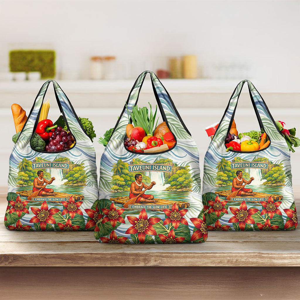 Fiji Taveuni Island Dateline Crossing Grocery Bag Tropical Cultural Landscape With Tagimoucia Floral Pattern TS04 3-pack One Size White Green - Polynesian Pride