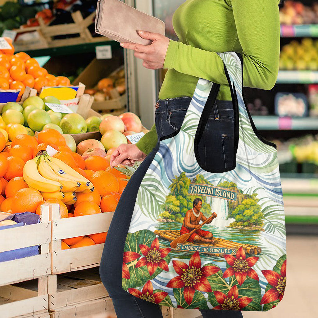 Fiji Taveuni Island Dateline Crossing Grocery Bag Tropical Cultural Landscape With Tagimoucia Floral Pattern TS04 - Polynesian Pride