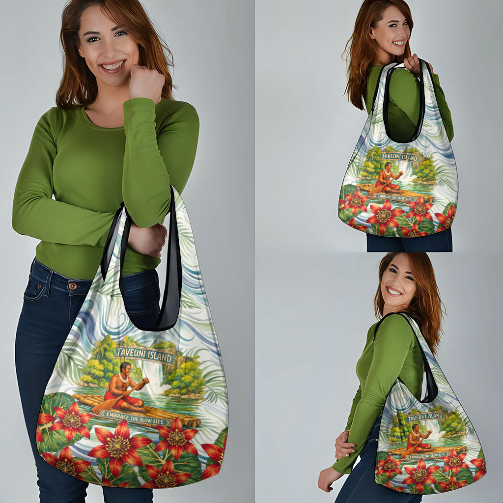 Fiji Taveuni Island Dateline Crossing Grocery Bag Tropical Cultural Landscape With Tagimoucia Floral Pattern TS04 - Polynesian Pride