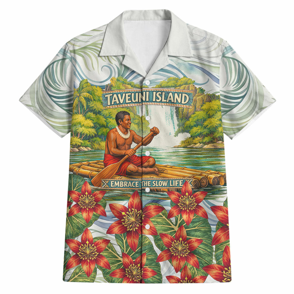 Fiji Taveuni Island Dateline Crossing Hawaiian Shirt Tropical Cultural Landscape With Tagimoucia Floral Pattern TS04 White Green - Polynesian Pride