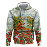 Fiji Taveuni Island Dateline Crossing Hoodie Tropical Cultural Landscape With Tagimoucia Floral Pattern TS04 Pullover Hoodie White Green - Polynesian Pride