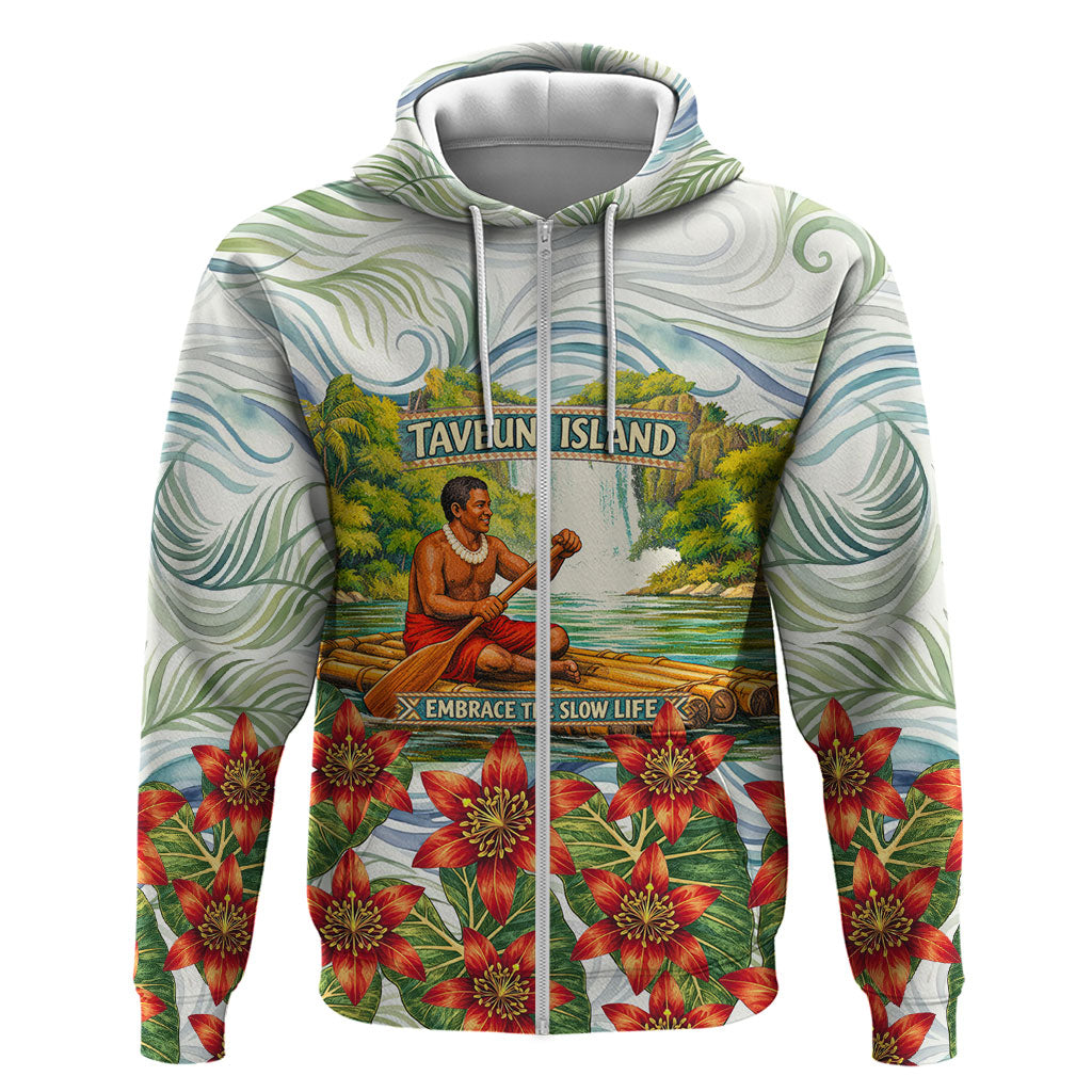 Fiji Taveuni Island Dateline Crossing Hoodie Tropical Cultural Landscape With Tagimoucia Floral Pattern TS04 Zip Hoodie White Green - Polynesian Pride
