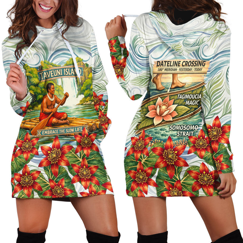 Fiji Taveuni Island Dateline Crossing Hoodie Dress Tropical Cultural Landscape With Tagimoucia Floral Pattern TS04 - Polynesian Pride