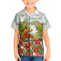 Fiji Taveuni Island Dateline Crossing Kid Hawaiian Shirt Tropical Cultural Landscape With Tagimoucia Floral Pattern TS04 Kid White Green - Polynesian Pride
