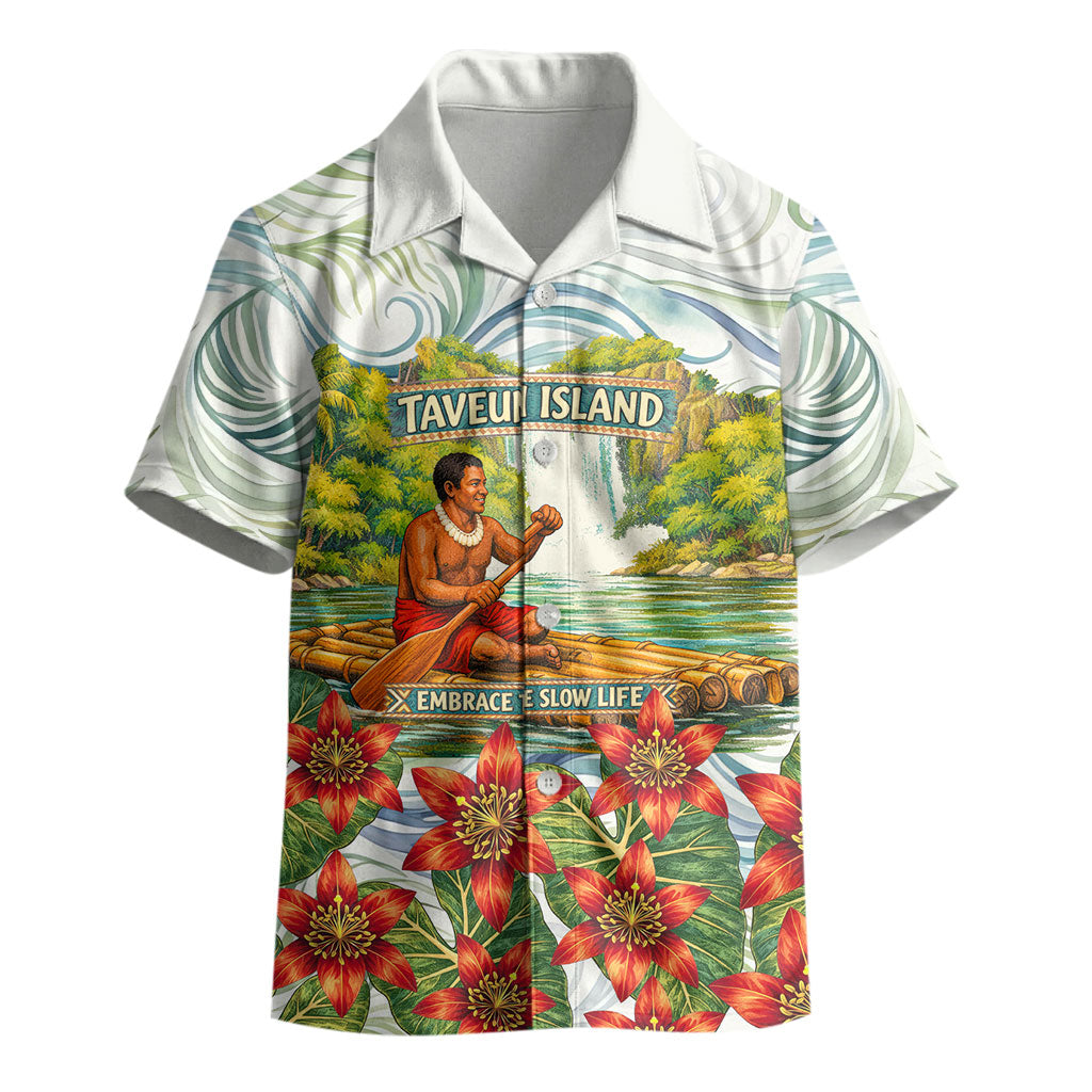 Fiji Taveuni Island Dateline Crossing Kid Hawaiian Shirt Tropical Cultural Landscape With Tagimoucia Floral Pattern TS04 - Polynesian Pride
