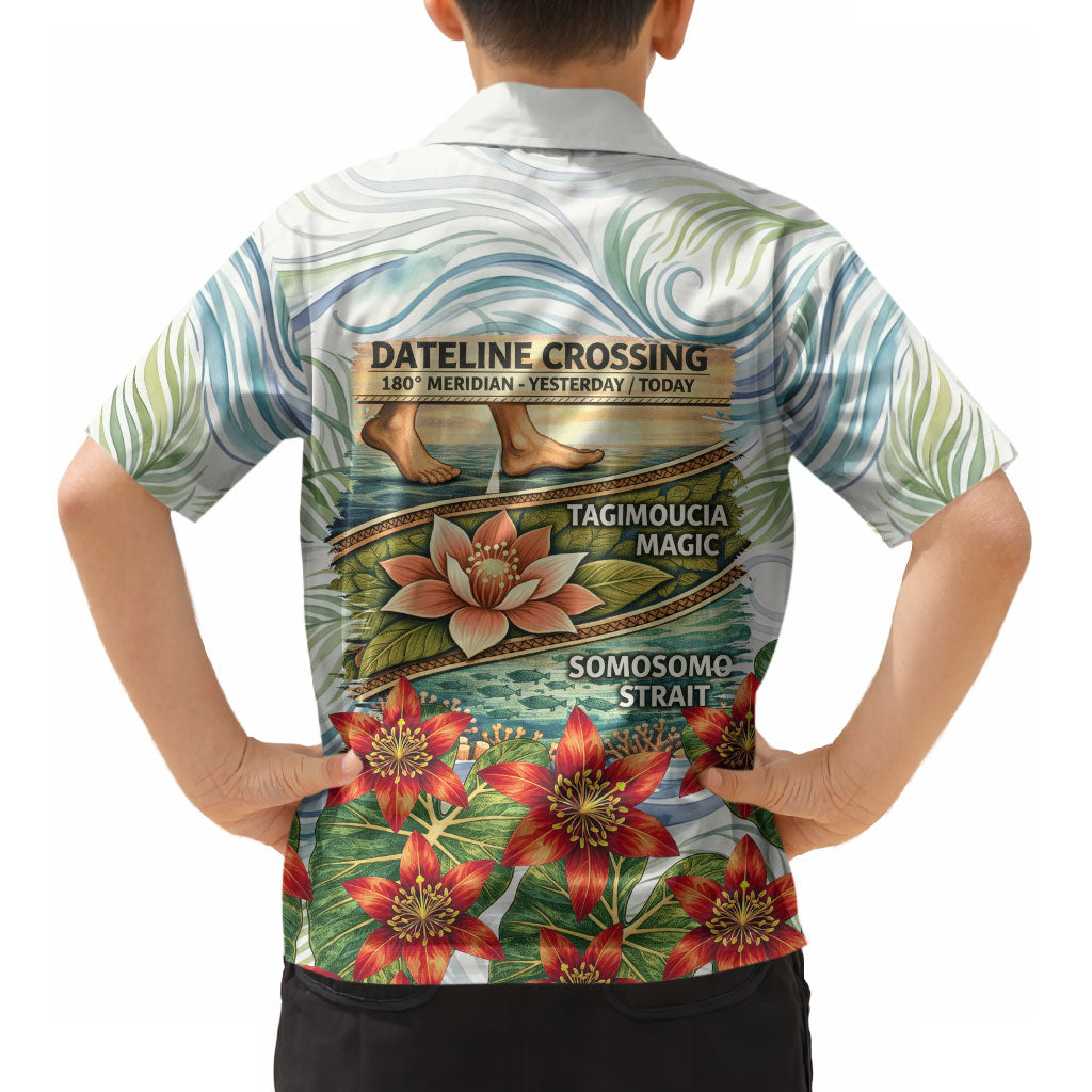 Fiji Taveuni Island Dateline Crossing Kid Hawaiian Shirt Tropical Cultural Landscape With Tagimoucia Floral Pattern TS04 - Polynesian Pride