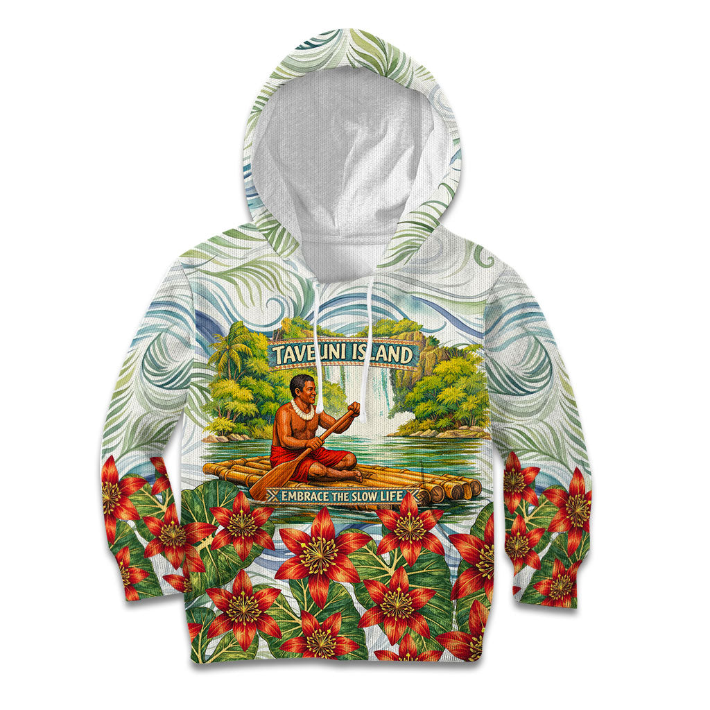 Fiji Taveuni Island Dateline Crossing Kid Hoodie Tropical Cultural Landscape With Tagimoucia Floral Pattern TS04 Hoodie White Green - Polynesian Pride