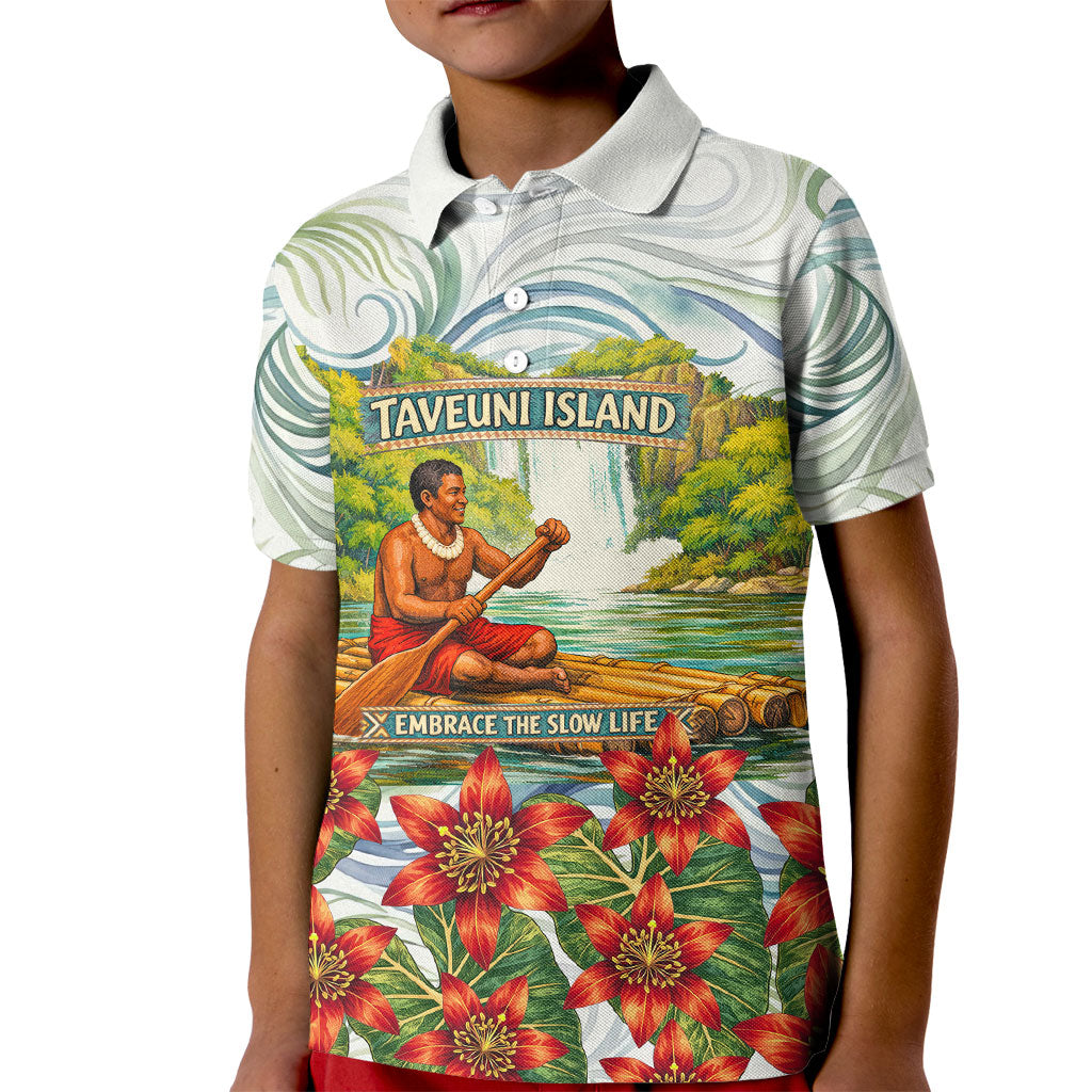 Fiji Taveuni Island Dateline Crossing Kid Polo Shirt Tropical Cultural Landscape With Tagimoucia Floral Pattern TS04 Kid White Green - Polynesian Pride
