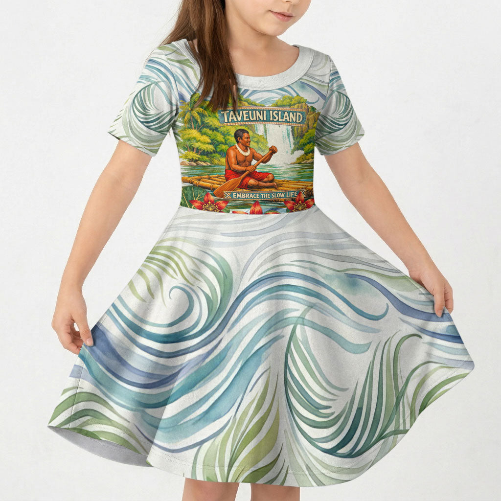 Fiji Taveuni Island Dateline Crossing Kid Short Sleeve Dress Tropical Cultural Landscape With Tagimoucia Floral Pattern TS04 KID White Green - Polynesian Pride