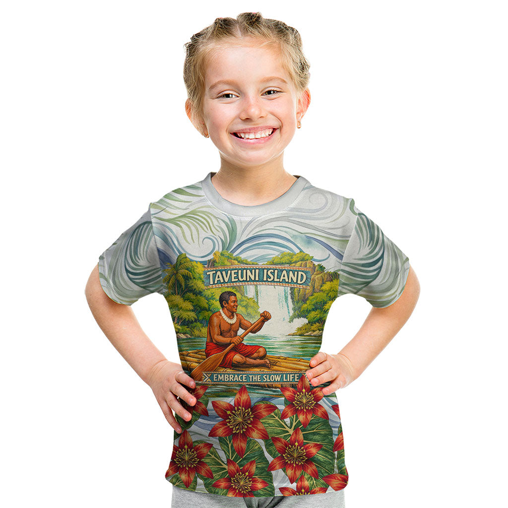 Fiji Taveuni Island Dateline Crossing Kid T Shirt Tropical Cultural Landscape With Tagimoucia Floral Pattern TS04 White Green - Polynesian Pride