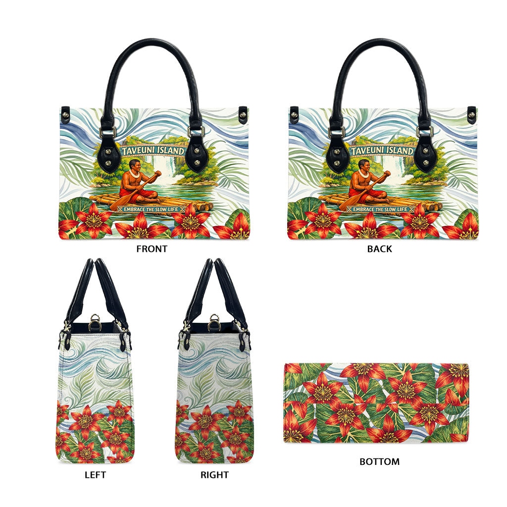 Fiji Taveuni Island Dateline Crossing Leather Bag Tropical Cultural Landscape With Tagimoucia Floral Pattern TS04 - Polynesian Pride