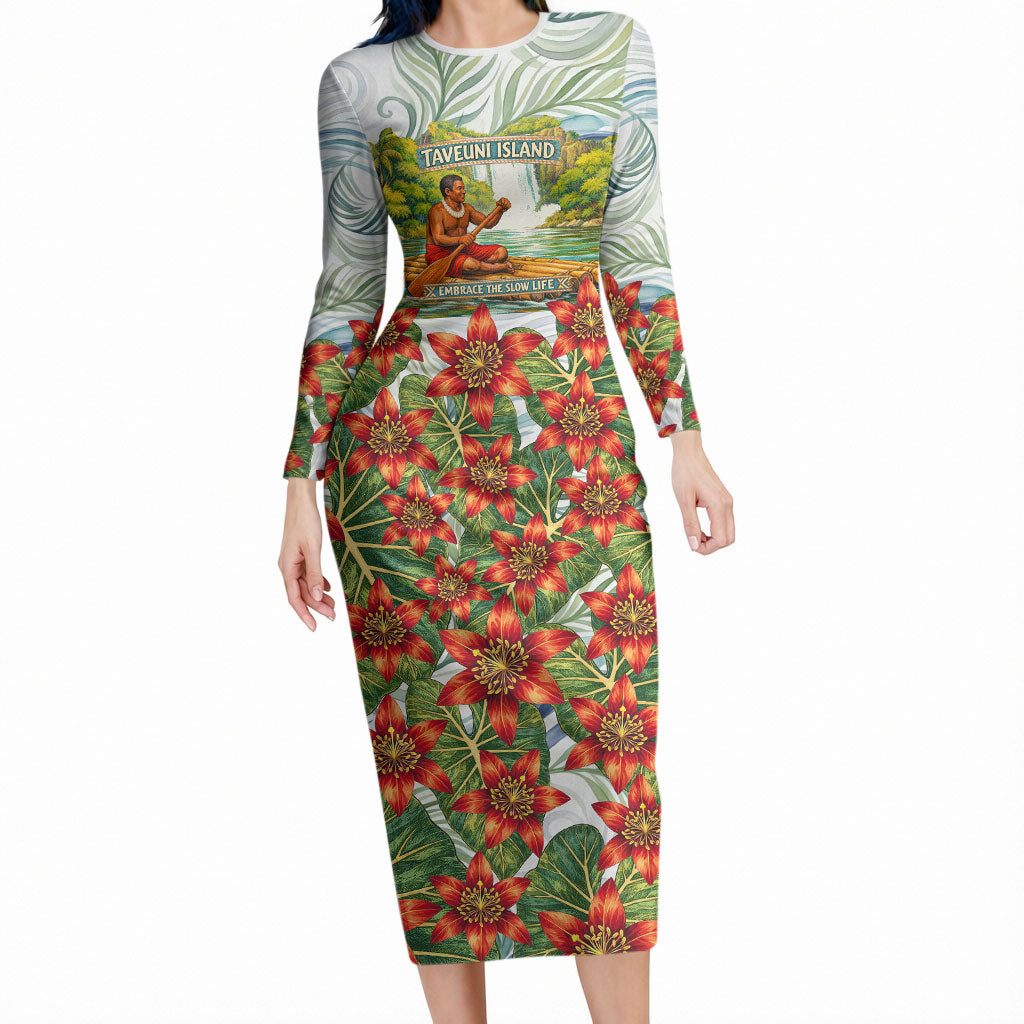 Fiji Taveuni Island Dateline Crossing Long Sleeve Bodycon Dress Tropical Cultural Landscape With Tagimoucia Floral Pattern TS04 Long Dress White Green - Polynesian Pride