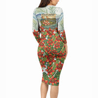 Fiji Taveuni Island Dateline Crossing Long Sleeve Bodycon Dress Tropical Cultural Landscape With Tagimoucia Floral Pattern TS04 - Polynesian Pride