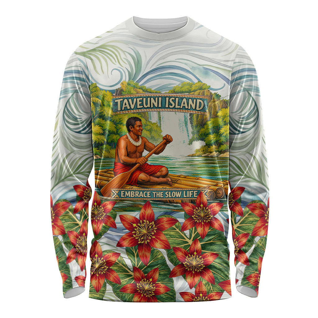 Fiji Taveuni Island Dateline Crossing Long Sleeve Shirt Tropical Cultural Landscape With Tagimoucia Floral Pattern TS04 Unisex White Green - Polynesian Pride