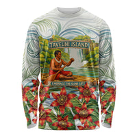 Fiji Taveuni Island Dateline Crossing Long Sleeve Shirt Tropical Cultural Landscape With Tagimoucia Floral Pattern TS04 Unisex White Green - Polynesian Pride