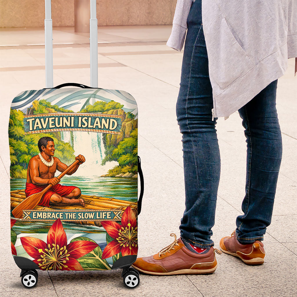 Fiji Taveuni Island Dateline Crossing Luggage Cover Tropical Cultural Landscape With Tagimoucia Floral Pattern TS04 White Green - Polynesian Pride