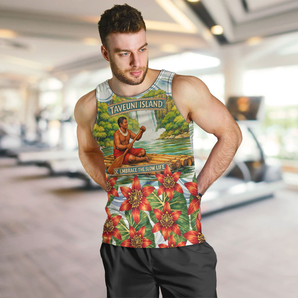 Fiji Taveuni Island Dateline Crossing Men Tank Top Tropical Cultural Landscape With Tagimoucia Floral Pattern TS04 White Green - Polynesian Pride