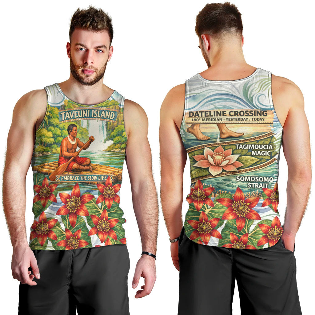 Fiji Taveuni Island Dateline Crossing Men Tank Top Tropical Cultural Landscape With Tagimoucia Floral Pattern TS04 - Polynesian Pride