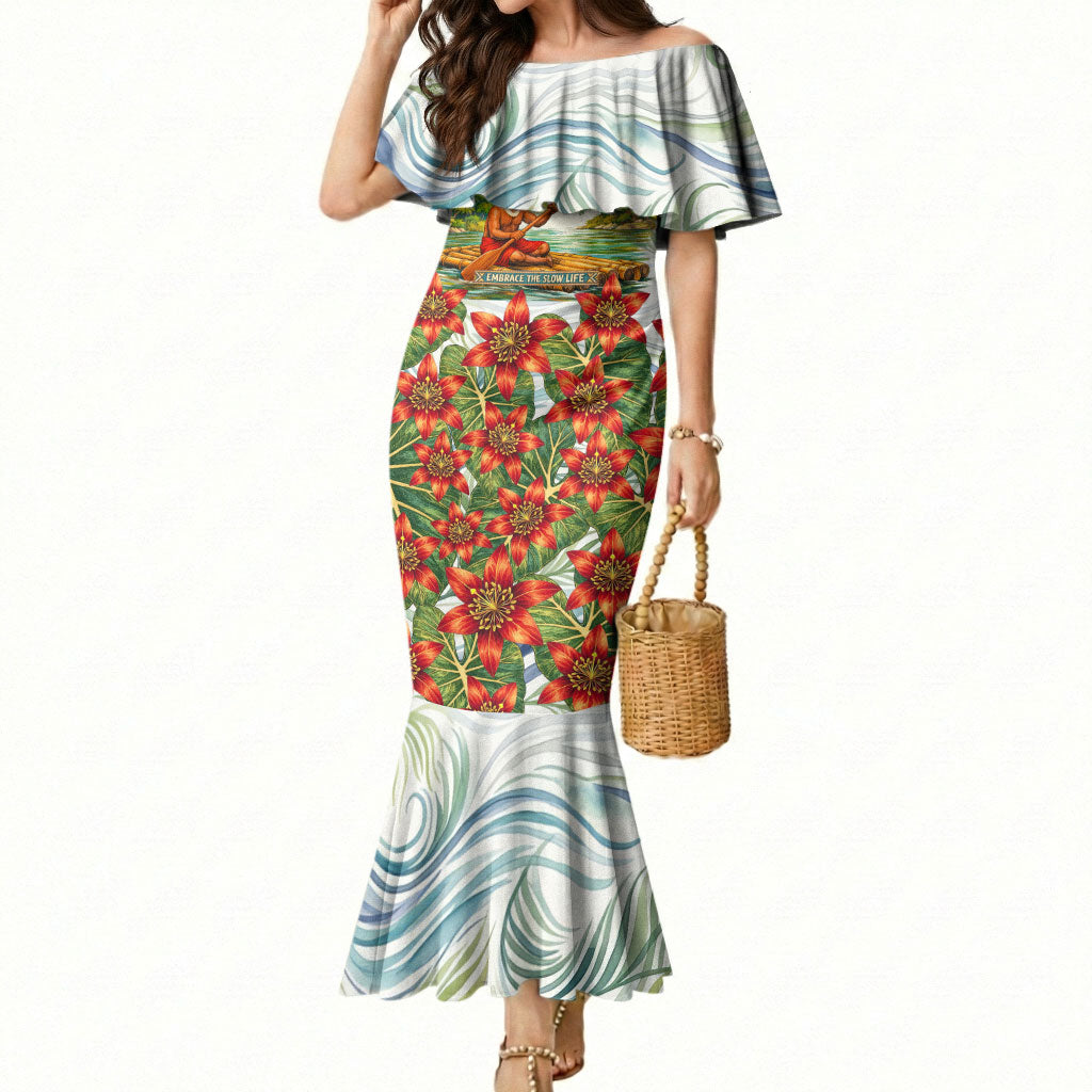 Fiji Taveuni Island Dateline Crossing Mermaid Dress Tropical Cultural Landscape With Tagimoucia Floral Pattern TS04 Women White Green - Polynesian Pride