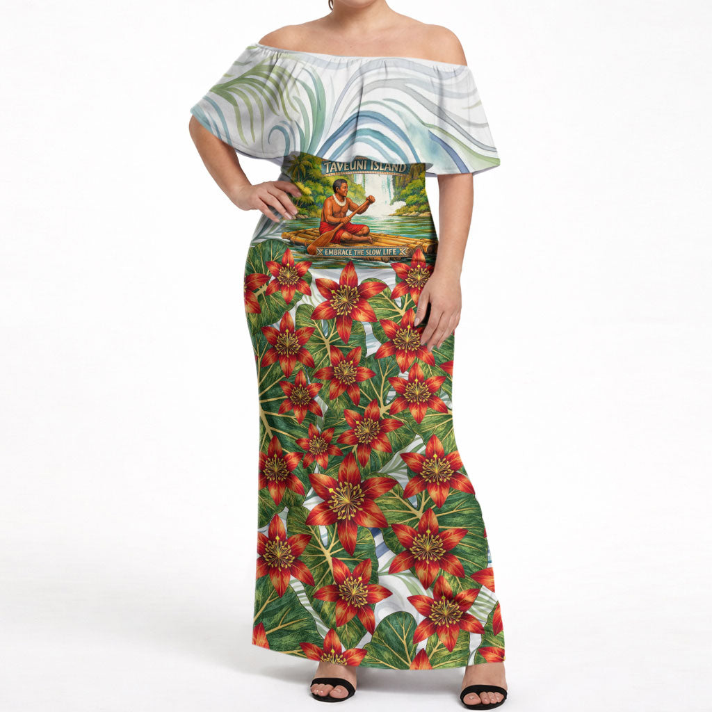 Fiji Taveuni Island Dateline Crossing Off Shoulder Maxi Dress Tropical Cultural Landscape With Tagimoucia Floral Pattern TS04 Women White Green - Polynesian Pride