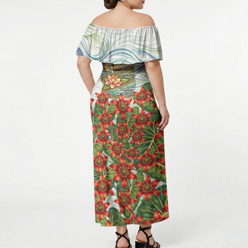 Fiji Taveuni Island Dateline Crossing Off Shoulder Maxi Dress Tropical Cultural Landscape With Tagimoucia Floral Pattern TS04 - Polynesian Pride
