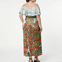 Fiji Taveuni Island Dateline Crossing Off Shoulder Maxi Dress Tropical Cultural Landscape With Tagimoucia Floral Pattern TS04 - Polynesian Pride