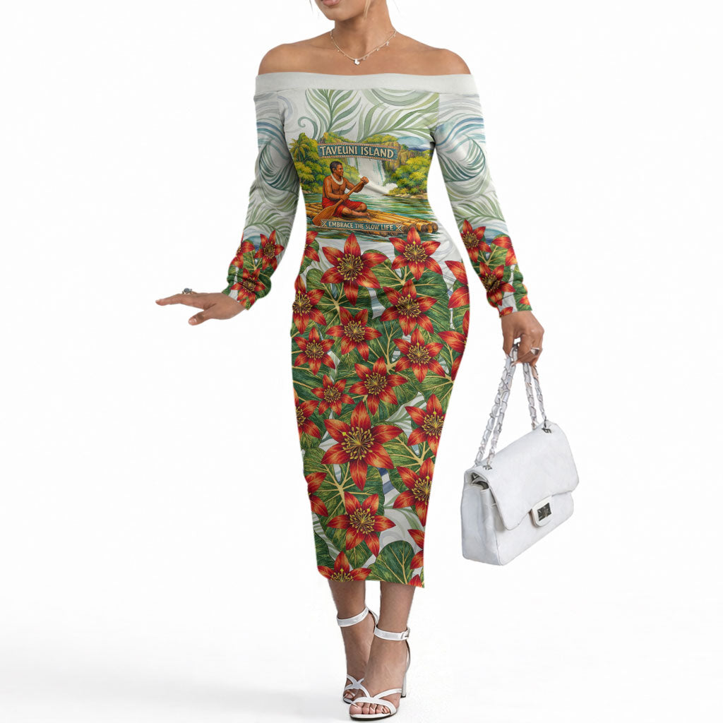 Fiji Taveuni Island Dateline Crossing Off The Shoulder Long Sleeve Dress Tropical Cultural Landscape With Tagimoucia Floral Pattern TS04 Women White Green - Polynesian Pride