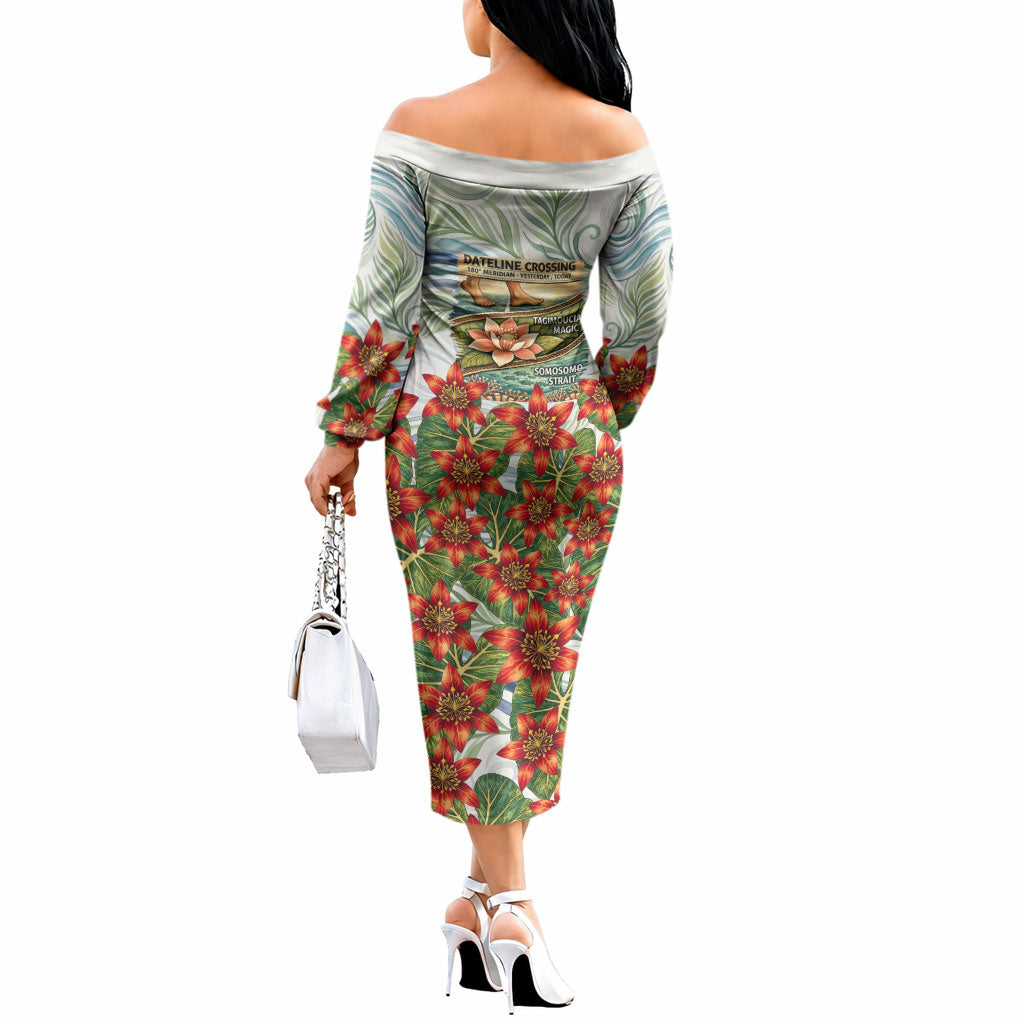 Fiji Taveuni Island Dateline Crossing Off The Shoulder Long Sleeve Dress Tropical Cultural Landscape With Tagimoucia Floral Pattern TS04 - Polynesian Pride