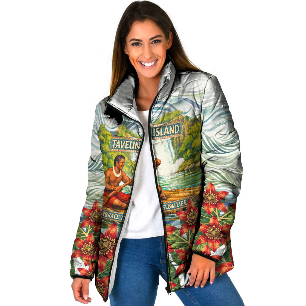 Fiji Taveuni Island Dateline Crossing Padded Jacket Tropical Cultural Landscape With Tagimoucia Floral Pattern TS04 Women White Green - Polynesian Pride