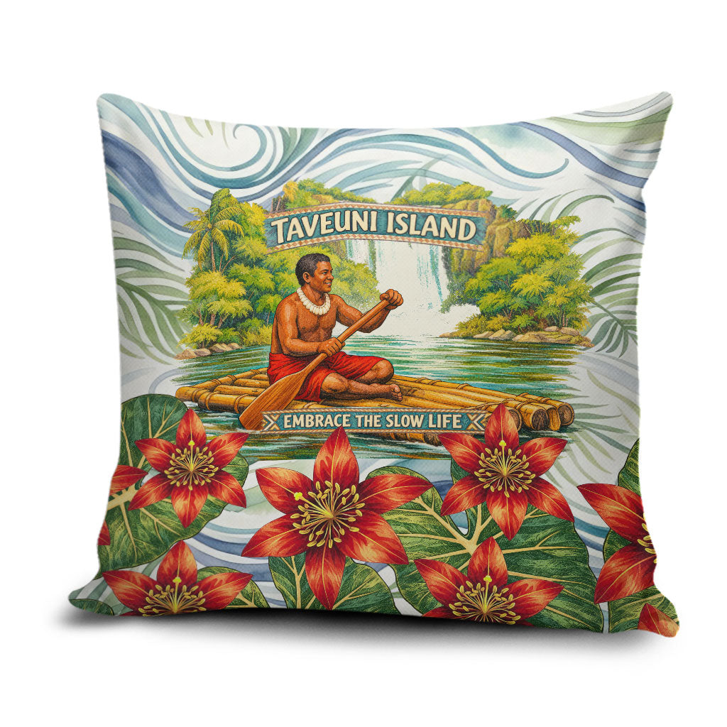 Fiji Taveuni Island Dateline Crossing Pillow Cover Tropical Cultural Landscape With Tagimoucia Floral Pattern TS04 White Green - Polynesian Pride
