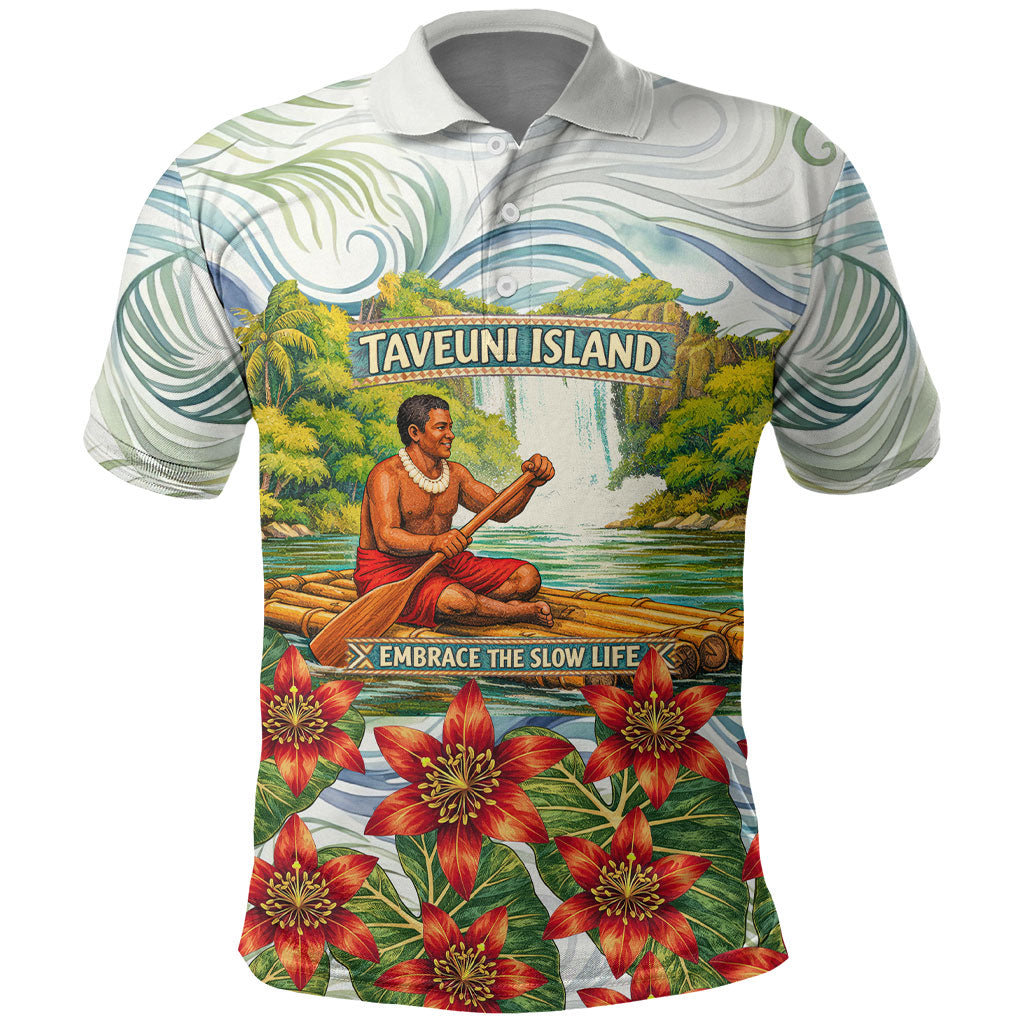 Fiji Taveuni Island Dateline Crossing Polo Shirt Tropical Cultural Landscape With Tagimoucia Floral Pattern TS04 White Green - Polynesian Pride