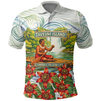 Fiji Taveuni Island Dateline Crossing Polo Shirt Tropical Cultural Landscape With Tagimoucia Floral Pattern TS04 White Green - Polynesian Pride