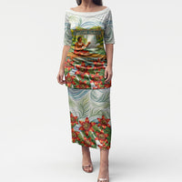 Fiji Taveuni Island Dateline Crossing Puletasi Tropical Cultural Landscape With Tagimoucia Floral Pattern TS04 Long Dress White Green - Polynesian Pride